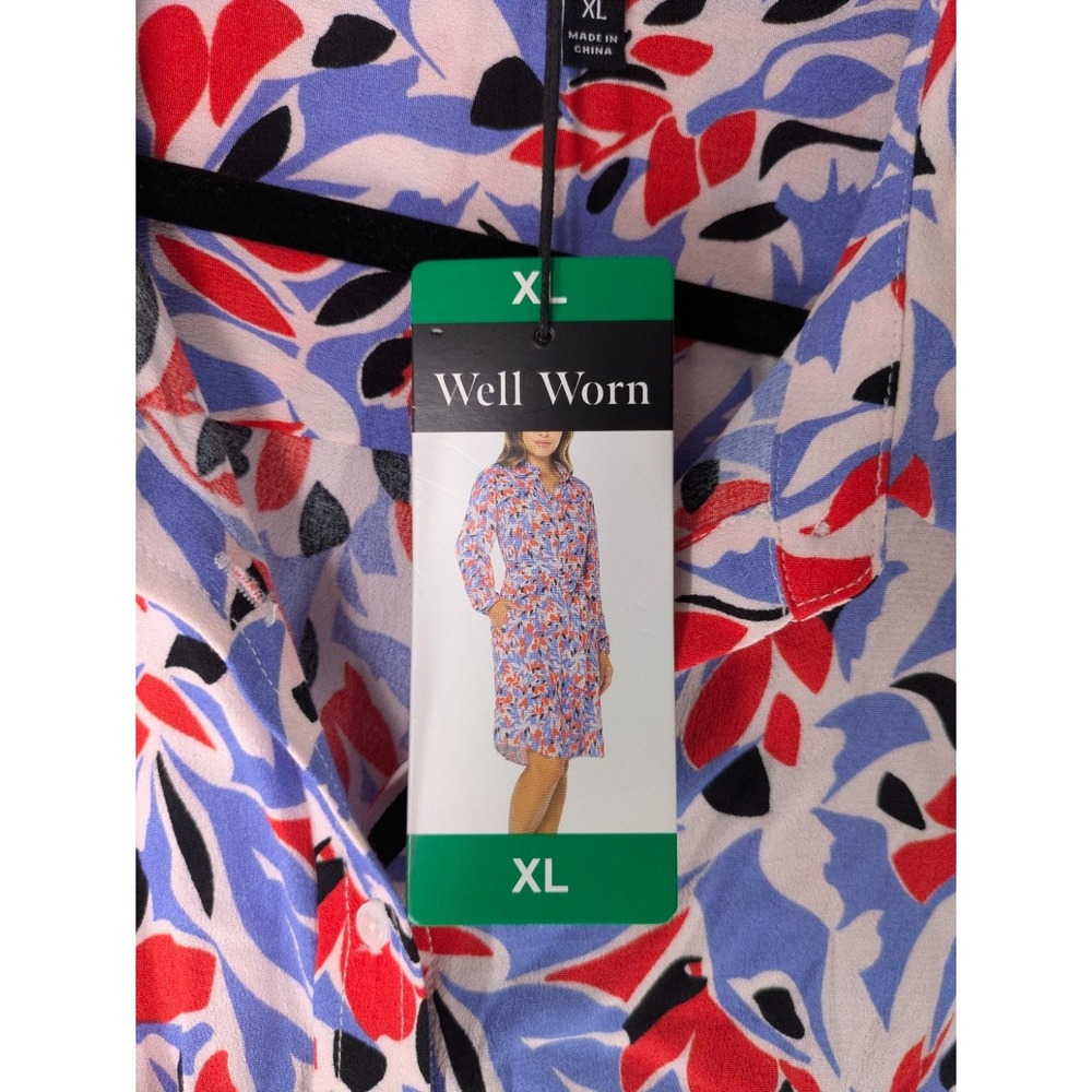 Well Worn Shirt Dress XL Blue Red Abstract Leaf Print Tie Waist Office Bohemian - Picture 2 of 10